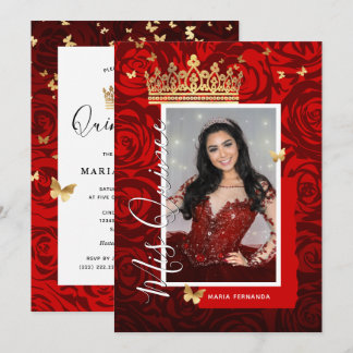 Modern Red Black Gold Elegantes Foto Quinceanera Einladung