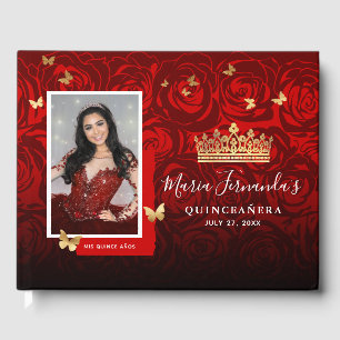 Modern Red Black Gold Elegantes Foto Quinceanera Gästebuch