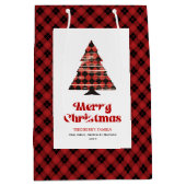 Modern red black plaid Christmas bag editable text Mittlere Geschenktüte (Vorderseite)