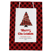 Modern red black plaid Christmas bag editable text Mittlere Geschenktüte (Rückseite)