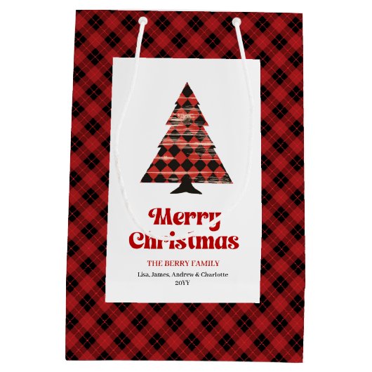 Modern red black plaid Christmas bag editable text Mittlere Geschenktüte (Rückseite)