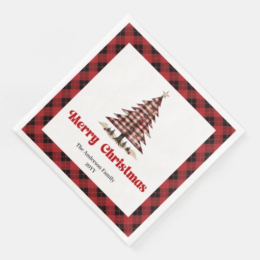 Modern Red Black Plaid Tree Christmas Napkins Serviette (Ecke)