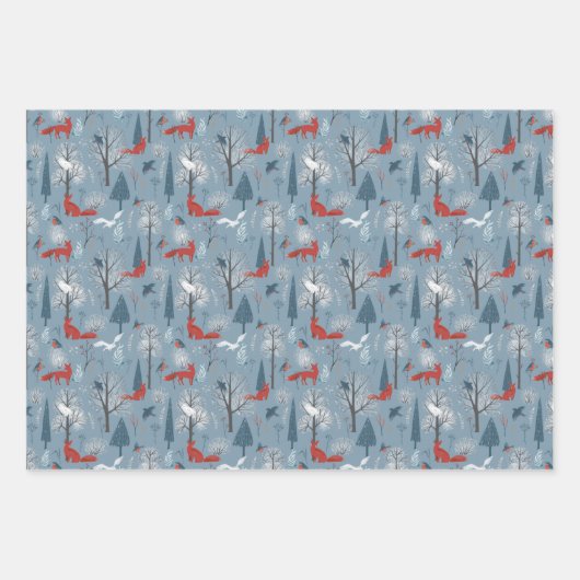 Modern Red Blue Nordic Winter Foxes Birds Pattern Geschenkpapier Set (Vorderseite 3)