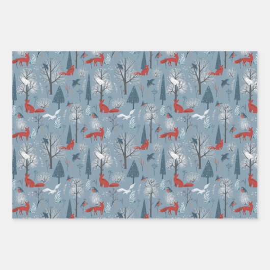 Modern Red Blue Nordic Winter Foxes Birds Pattern Geschenkpapier Set (Vorderseite 2)