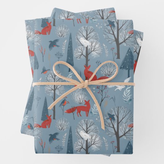 Modern Red Blue Nordic Winter Foxes Birds Pattern Geschenkpapier Set (Beispiel)