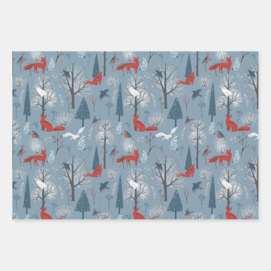Modern Red Blue Nordic Winter Foxes Birds Pattern Geschenkpapier Set (Vorderseite)