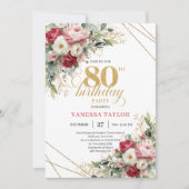 Modern Red Blush Greenery 80th Birthday Invite Einladung (Vorderseite)