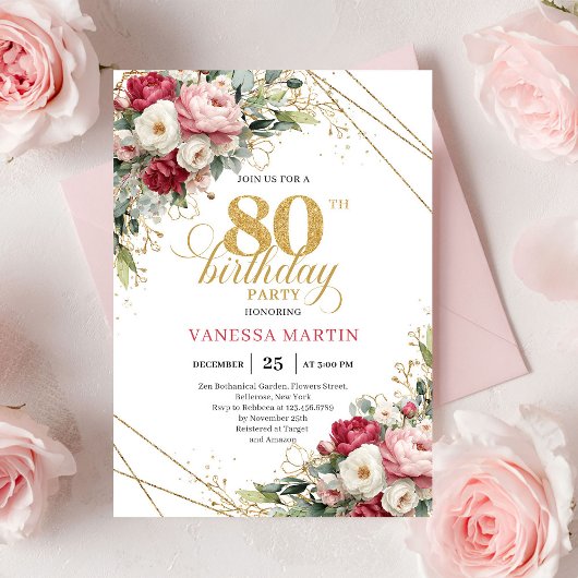 Modern Red Blush Greenery 80th Birthday Invite Einladung