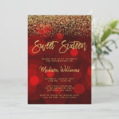 Modern Red Bokeh Gold Glitzer Sweet 16 Einladung (Stehend Vorderseite)