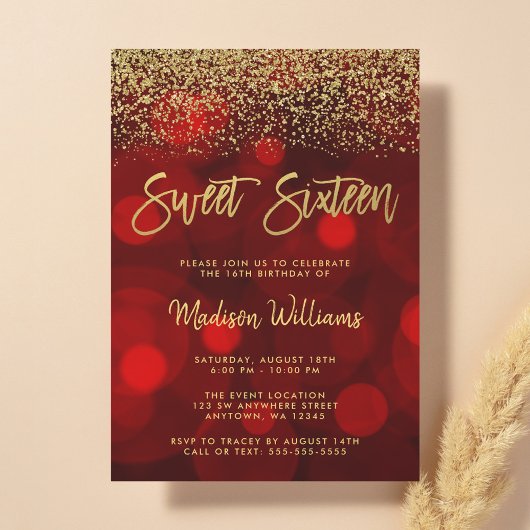Modern Red Bokeh Gold Glitzer Sweet 16 Einladung