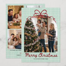 Modern Red Bow Gingham Photo Christmas Card