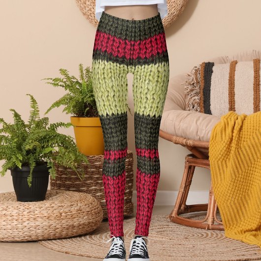 Modern Red Brown And Beige Striped Knitted Pattern Leggings