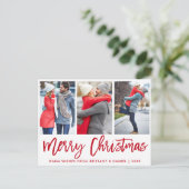 Modern Red Brush Script 3 Foto Weihnachten Postkarte (Stehend Vorderseite)