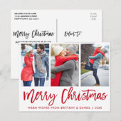 Modern Red Brush Script 3 Foto Weihnachten Postkarte (Vorne/Hinten)