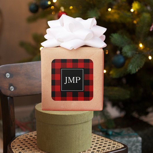 Modern Red Buffalo Kariert Personal Initial Quadratischer Aufkleber