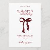 Modern Red Burgundy Bow Birthday Invitation Einladung (Vorderseite)