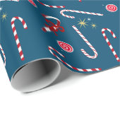 Modern Red Candy Cane Festival Christmas Blue Geschenkpapier (Rolleneckpunkt)