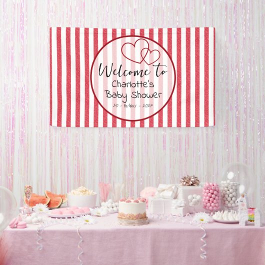 Modern Red Chalk Stripes Double Hearts Baby Shower Banner (Party)