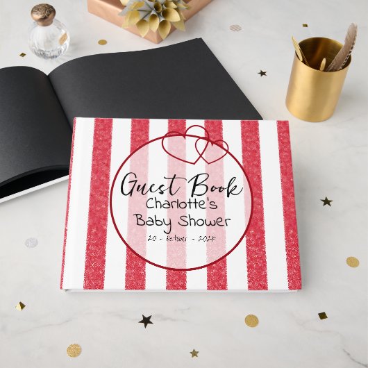 Modern Red Chalk Stripes Double Hearts Baby Shower Gästebuch (Vorderseite Offen)