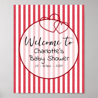 Modern Red Chalk Stripes Double Hearts Baby Shower Poster