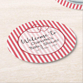 Modern Red Chalk Stripes Double Hearts Baby Shower Runder Pappuntersetzer