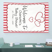Modern Red Chalk Stripes Triple Hearts Baby Shower Banner (Messe)