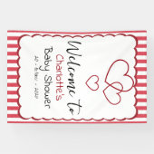 Modern Red Chalk Stripes Triple Hearts Baby Shower Banner (Horizontal)
