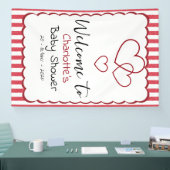Modern Red Chalk Stripes Triple Hearts Baby Shower Banner (Messe)