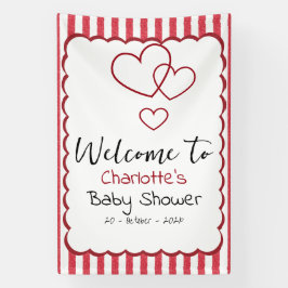Modern Red Chalk Stripes Triple Hearts Baby Shower Banner