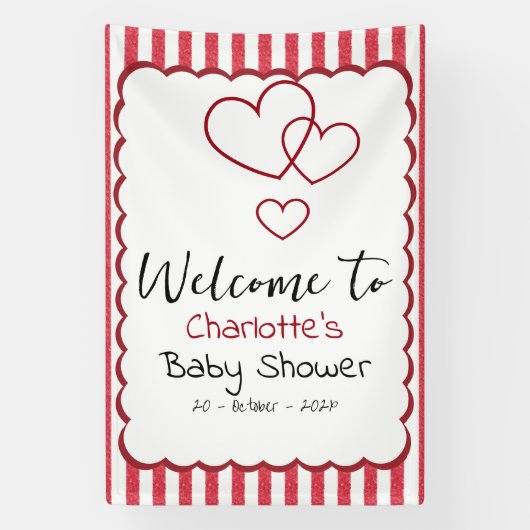Modern Red Chalk Stripes Triple Hearts Baby Shower Banner (Vertikal)