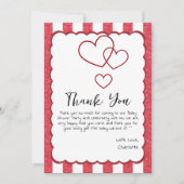 Modern Red Chalk Stripes Triple Hearts Baby Shower Dankeskarte (Vorderseite)