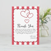 Modern Red Chalk Stripes Triple Hearts Baby Shower Dankeskarte (Stehend Vorderseite)