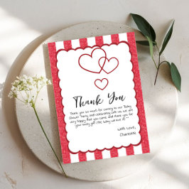 Modern Red Chalk Stripes Triple Hearts Baby Shower Dankeskarte