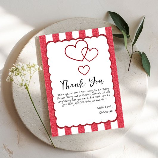 Modern Red Chalk Stripes Triple Hearts Baby Shower Dankeskarte