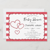 Modern Red Chalk Stripes Triple Hearts Baby Shower Einladung (Vorderseite)
