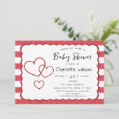 Modern Red Chalk Stripes Triple Hearts Baby Shower Einladung (Stehend Vorderseite)