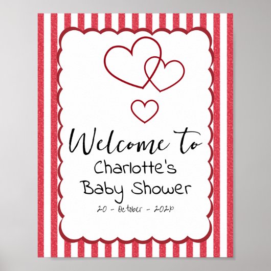 Modern Red Chalk Stripes Triple Hearts Baby Shower Poster (Vorne)