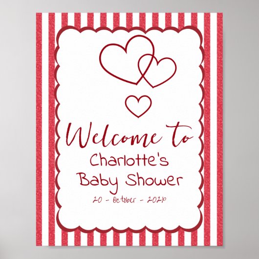 Modern Red Chalk Stripes Triple Hearts Baby Shower Poster (Vorne)