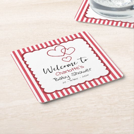 Modern Red Chalk Stripes Triple Hearts Baby Shower Rechteckiger Pappuntersetzer (angewinkelt)