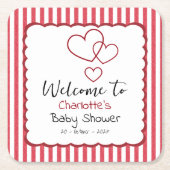Modern Red Chalk Stripes Triple Hearts Baby Shower Rechteckiger Pappuntersetzer (Vorderseite)