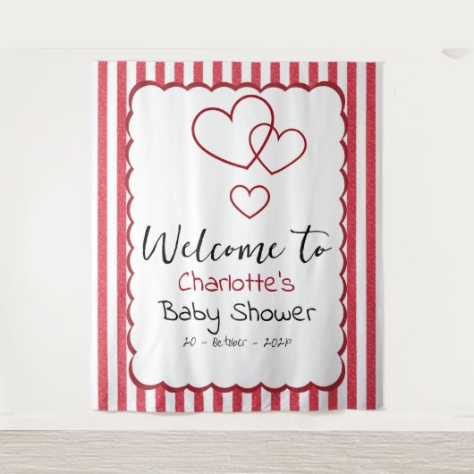 Modern Red Chalk Stripes Triple Hearts Baby Shower Wandteppich (Vorderseite)