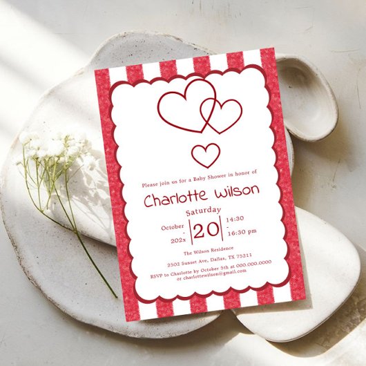 Modern Red Chalk Stripes Vertical Baby Shower Einladung