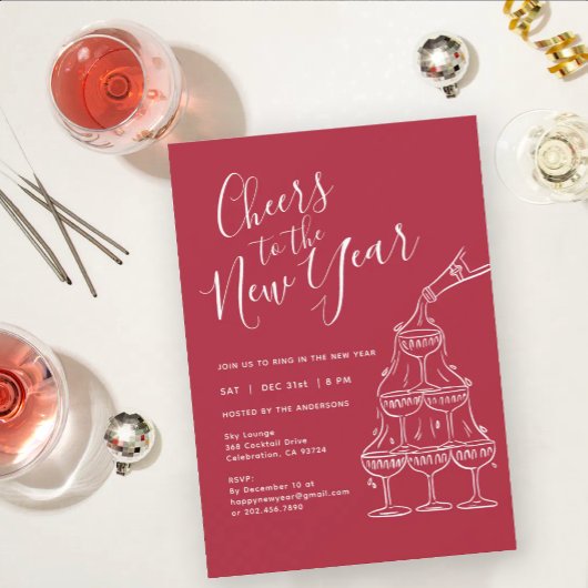 Modern Red Cheers to the New Year Party  Einladung