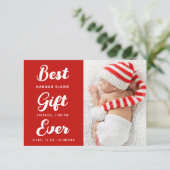 Modern red christmas holiday birth announcement ankündigung (Stehend Vorderseite)