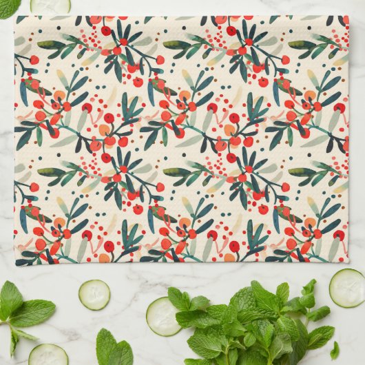 Modern Red Christmas Holly Berries Geschirrtuch (Gefaltet)