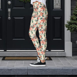 Modern Red Christmas Holly Berries Leggings
