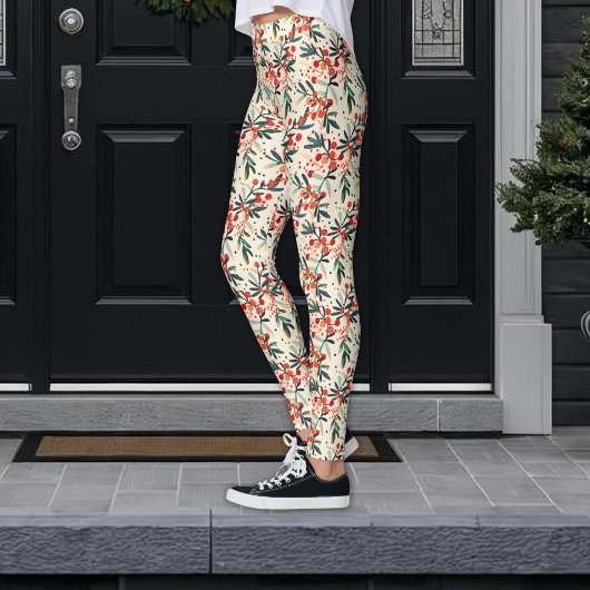 Modern Red Christmas Holly Berries Leggings