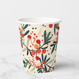 Modern Red Christmas Holly Berries Pappbecher