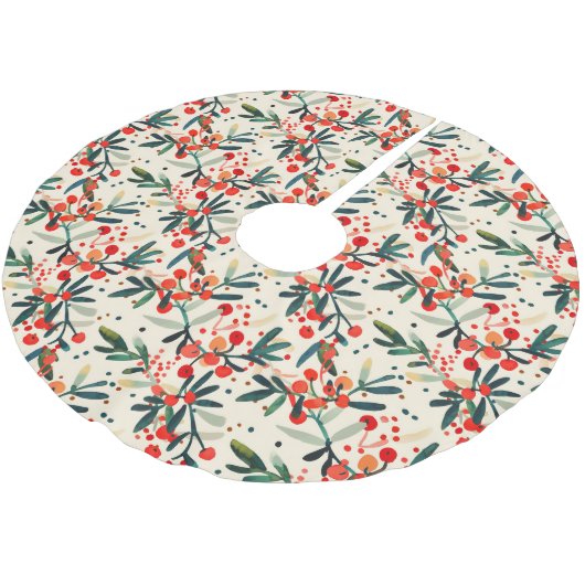Modern Red Christmas Holly Berries Polyester Weihnachtsbaumdecke (Schrägansicht)