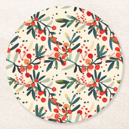Modern Red Christmas Holly Berries Runder Pappuntersetzer (Vorderseite)
